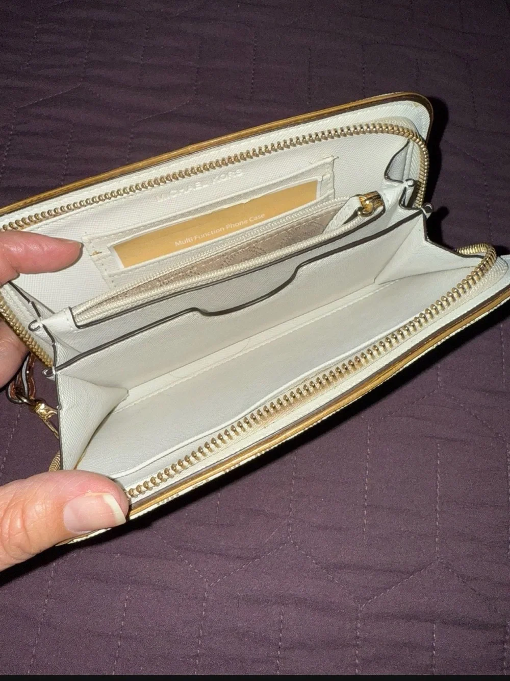 Michael Kors Cream Logo Zip Wristlet with Tan Strap and Gold Hardware